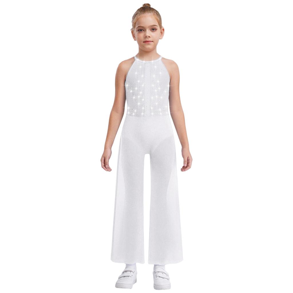 Girls Rhinestone Dance Bodysuit - Shimmery Sleeveless Jumpsuit with Keyhole Back & Side Splits, Built-in Briefs for Performances