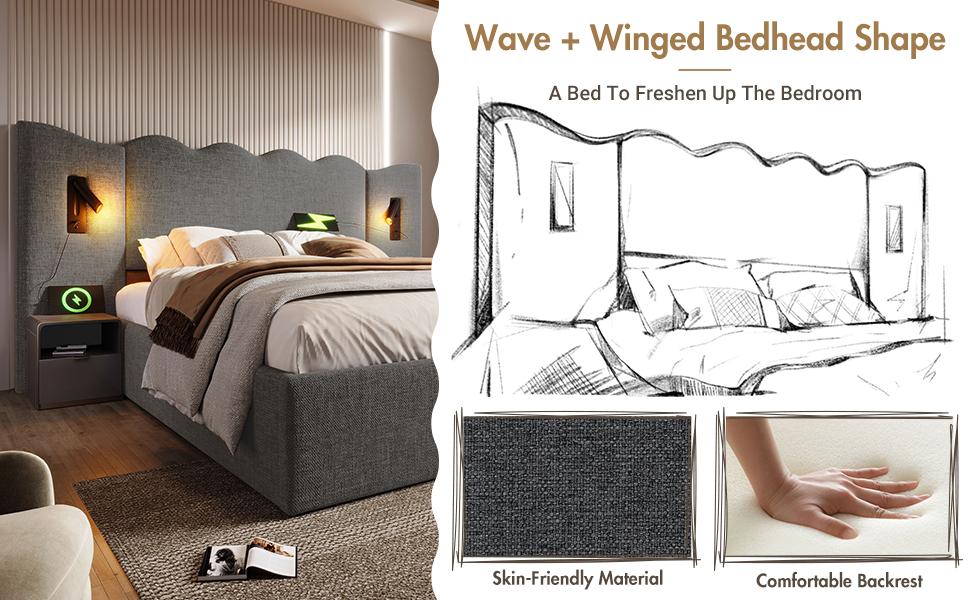 Upholstered Double Bed 160×200, Reading Lamp, USB Type-C Charging, Storage Bed Frame with Solid Wood and Metal Slats, Grey, Linen (Without Mattress)