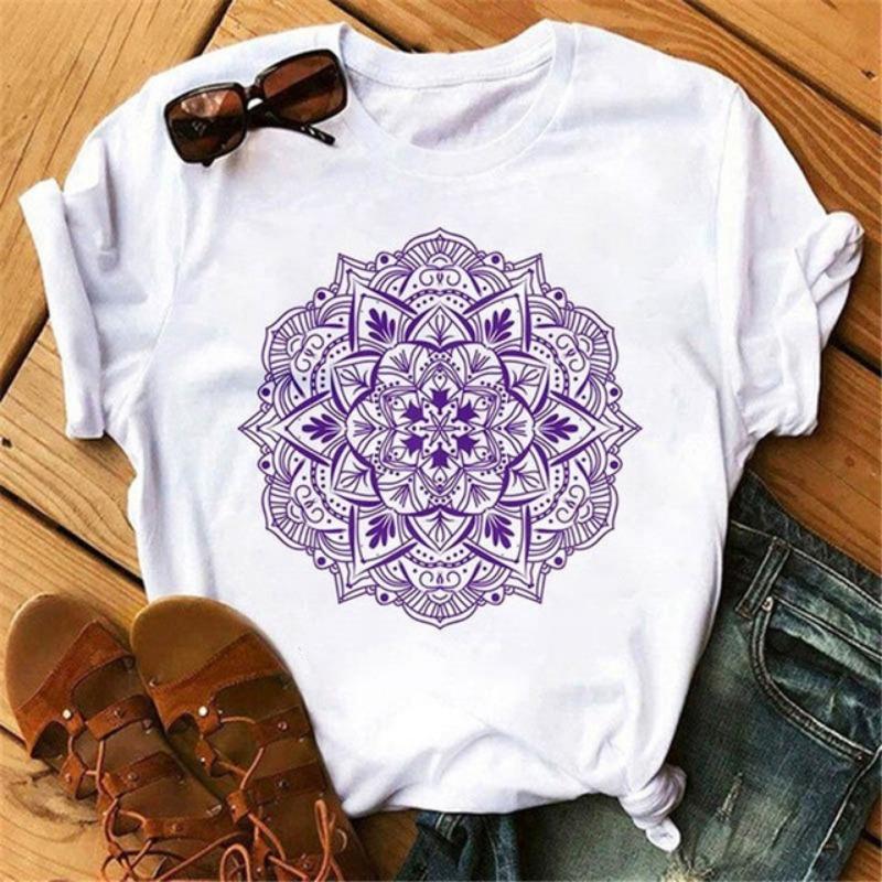 New Mandala Printed T-shirt for Women's Casual Fashion T-shirt Loose Short Sleeve Girl Aesthetic Black T-shirt Top