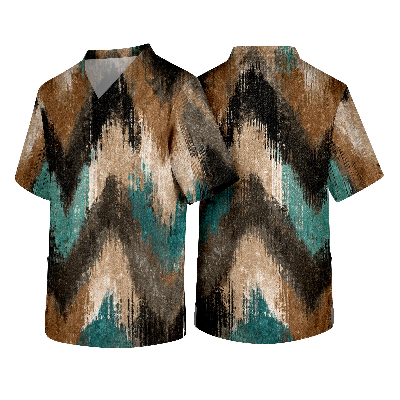 

Men s V Neck Short Sleeve Textured Print Work Scrub Top with Chest Pocket Lightweight Breathable Fabric Medical Uniform Shirt XXXXL коричневий