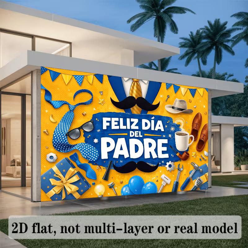 2D Feliz Dia del Padre Backdrop with Tools, Coffee & Mustache Party Decoration Banner