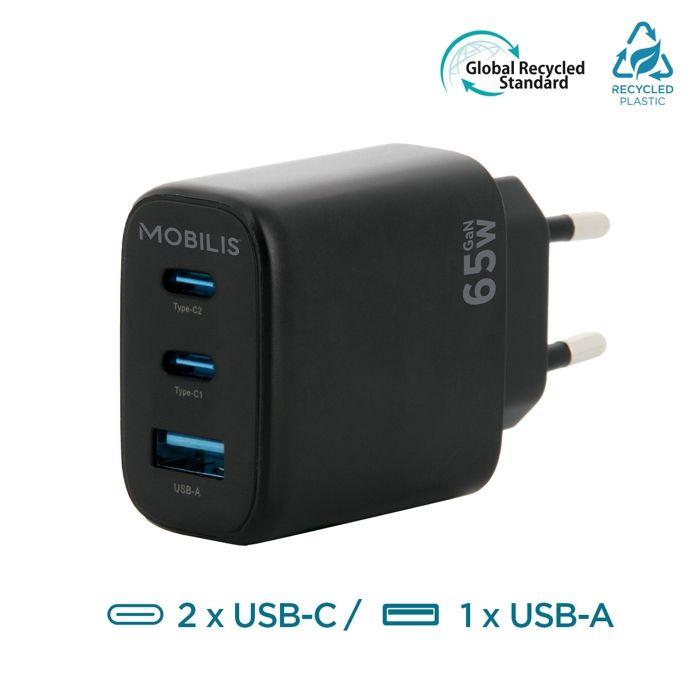 Chargeur Secteur 65W GaN 2 USB-C &amp; 1 USB-A, Adaptateur Quick Charge Mural Rapide pour PC, Tablette &amp; Smartphone