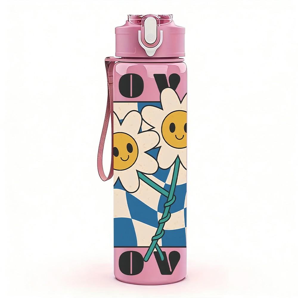1PC Love Checkerboard Sunflower Retro Pattern 750ml Color Plastic Sports Water Bottle Leakproof Flip Straw Lid Suitable for Sports Office Home Use