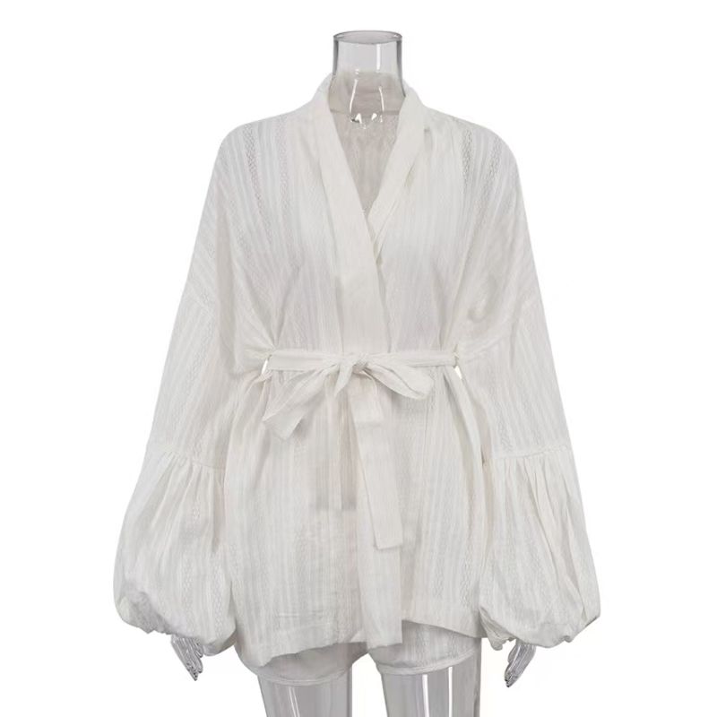 

Western Style Bandage Loose Long sleeve Cardigan Top Shorts Set Lace up Top and Shorts Set White L