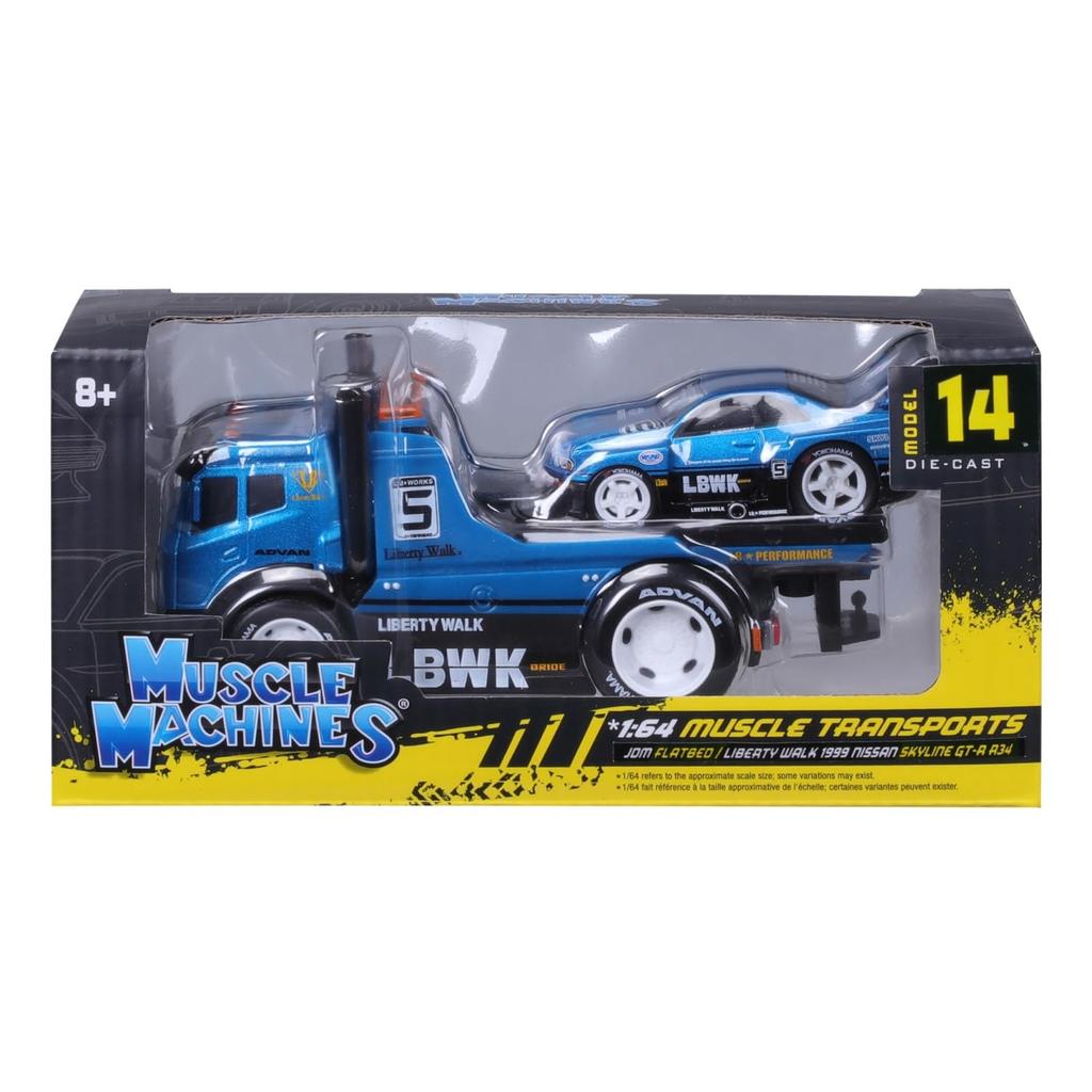 Maisto Muscle Machines Muscle Transporter Diecast Model Car Flatbed Liberty Walk Nissan Skyline R34 1/64 / (JDM / GT-R - Blue/Black 11546)