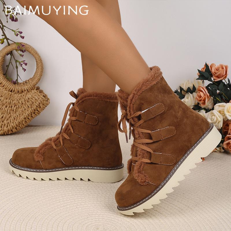 Fur Flats Women Snow Ankle Boots Suede Lace Up Casual Shoes Short Plush Cotton Boots 2025 Trend Winter Warm Non-slip Botas Mujer