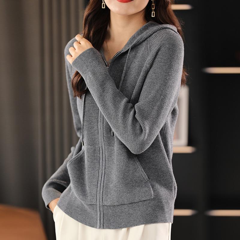 Damen Herbst Winter Wollmischung Pullover Mit Kapuze Verdickt Gestrickt Reißverschluss Strickjacke Mit Tasche Basis Mantel