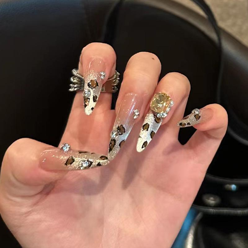 Xiaohongshu High-End Leopard Rhinestone Wearable Nail Art Stickers - Pre-Made Spicy Girl Style False Nail Strips