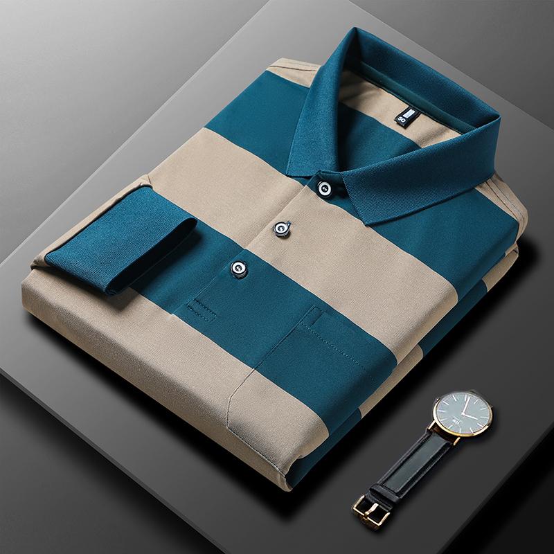 Men's Polo Shirt Lapel Long Sleeve T-Shirt Autumn Contrast Color Striped Pocket Fashion Business Menswear