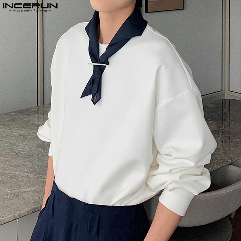 INCERUN Men O Neck Tie Up Long Sleeve Casual Loose Pullovers Oversized Sweatshirts
