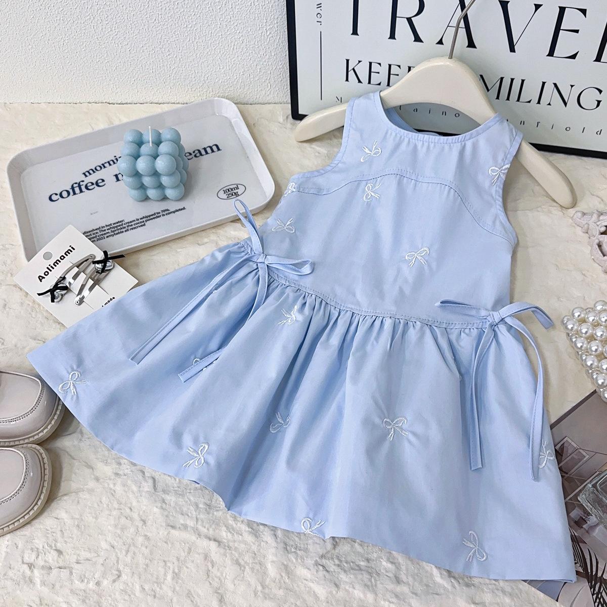 Girls Summer Sleeveless Vest Dress Simple Bow Tie Print Shirt Dress EXB031 90cm