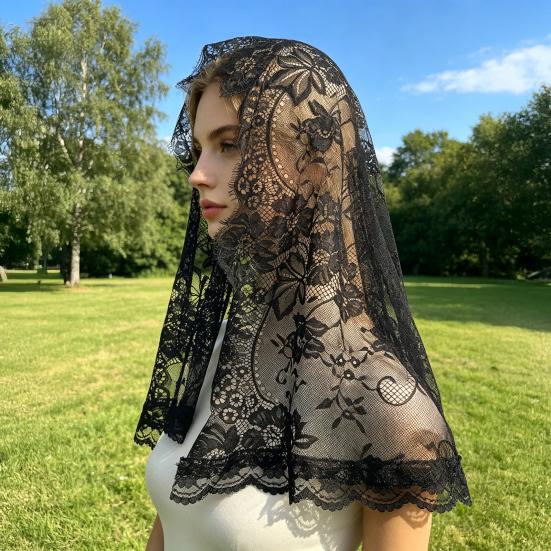 Lace Veil, Short Back-Draped Veil, Mesh Lace Edge Retro Style Wedding Headscarf, for Church Gothic Halloween Party
