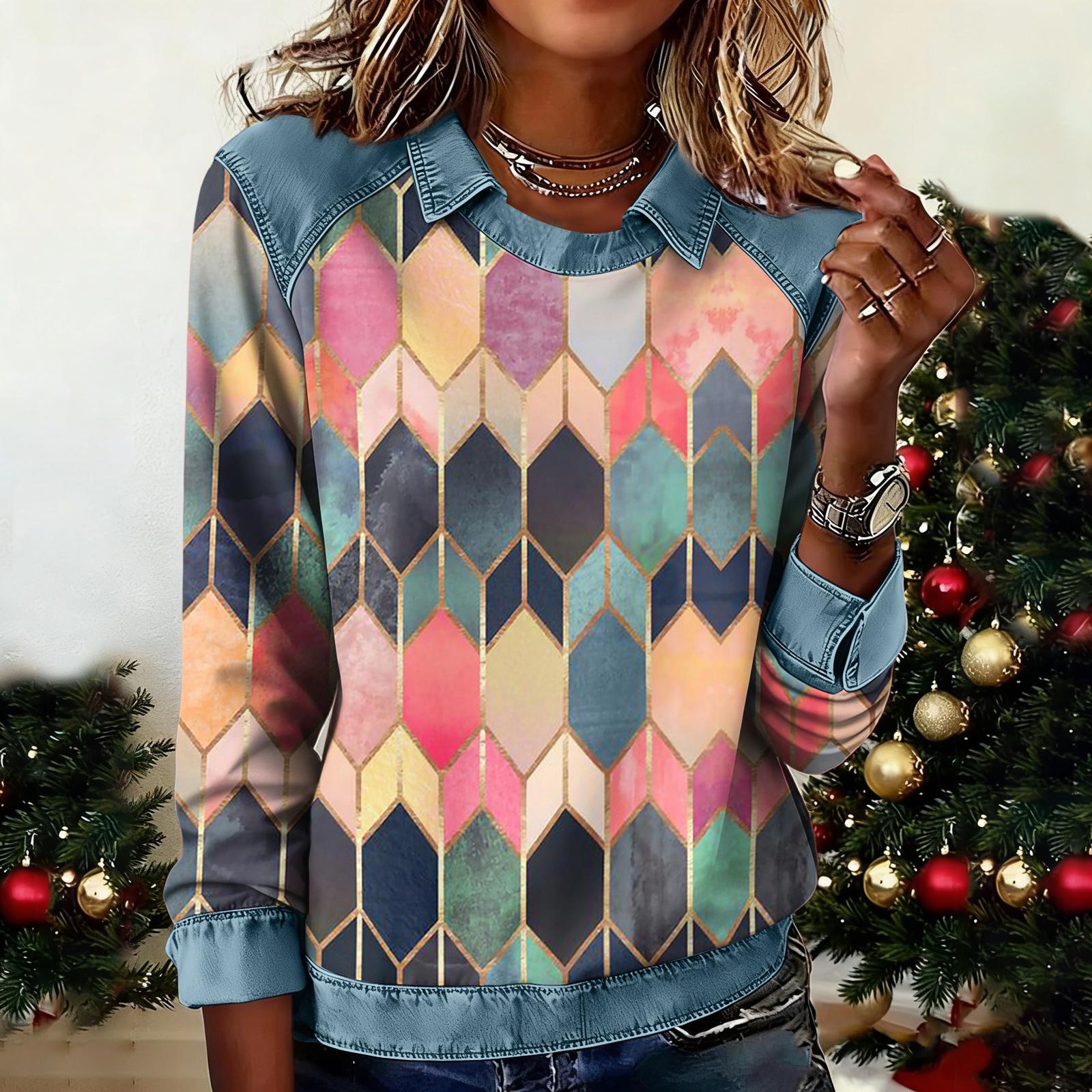 

Жіноча Модна Розкльошена Довгий Рукав Джинсова Платкова Толстовка З Принтом Повсякденний Пуловер Топ M рожевий