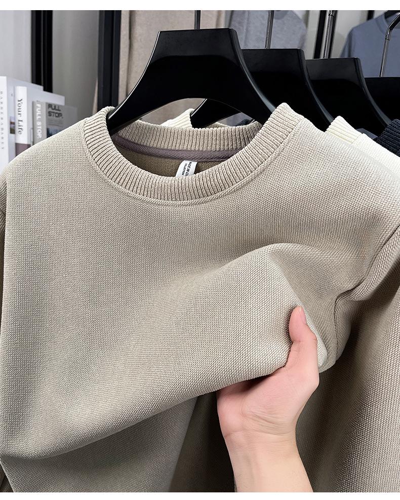 Men's Winter Warm Velvet Knit Pullover Sweater - Solid Color, Round Neck, Versatile Layer