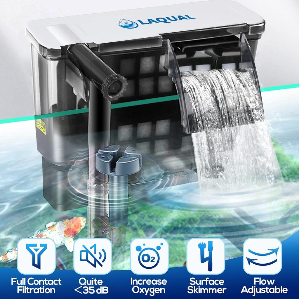 Aquarium Filter with Surface Skimmer, 30-50 Gallon Small Fish Tank Filter, Full Contact & 3 Layer Filtration, Quiet & Efficient, Waterfall Design for