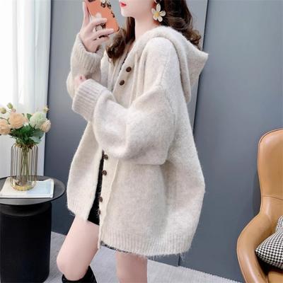 Loose Lazy Wind Solid Color Hooded Sweater Jacket Women's Autumn and Winter New Versatile Knitted Cardigan