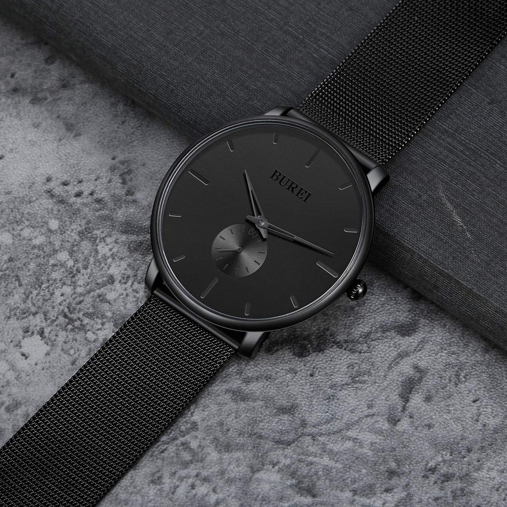 BUREI Men's Black Watch, Simple, Stylish, Popular, Men's Black Watch with Leather Strap (AMJP-7, Stainless Steel)