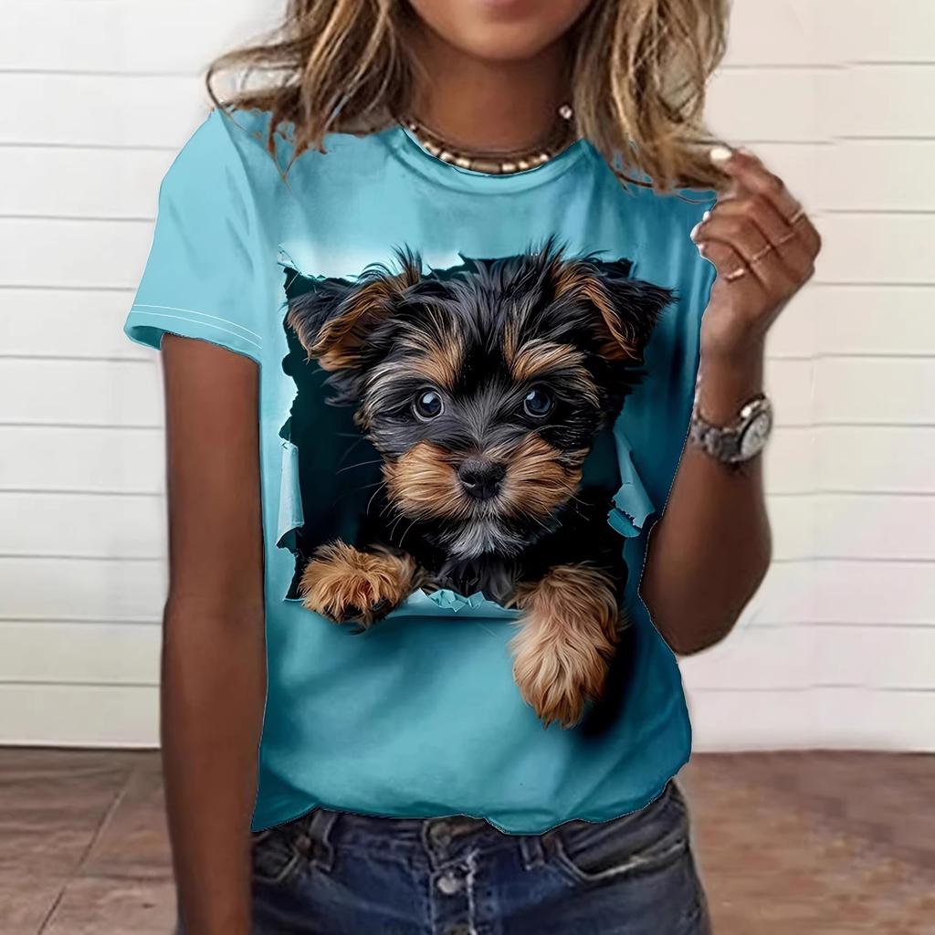 Summer Fashionable Casual Round Neck Short Sleeved T-shirt Comfortable Breathable Cat Animal 3d Printed Loose Women's Commuter Versatile T-shirt