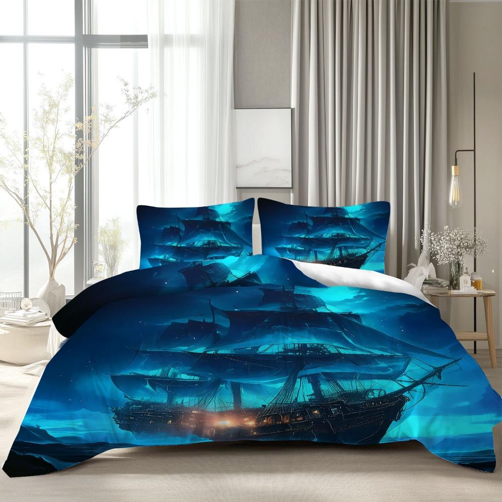 3pcs Blue Bedding Set Ocean Mist Ghost Ship Printed Cozy Duvet Cover Set King Queen Twin Single Size Birthday Gift Bedroom Decor