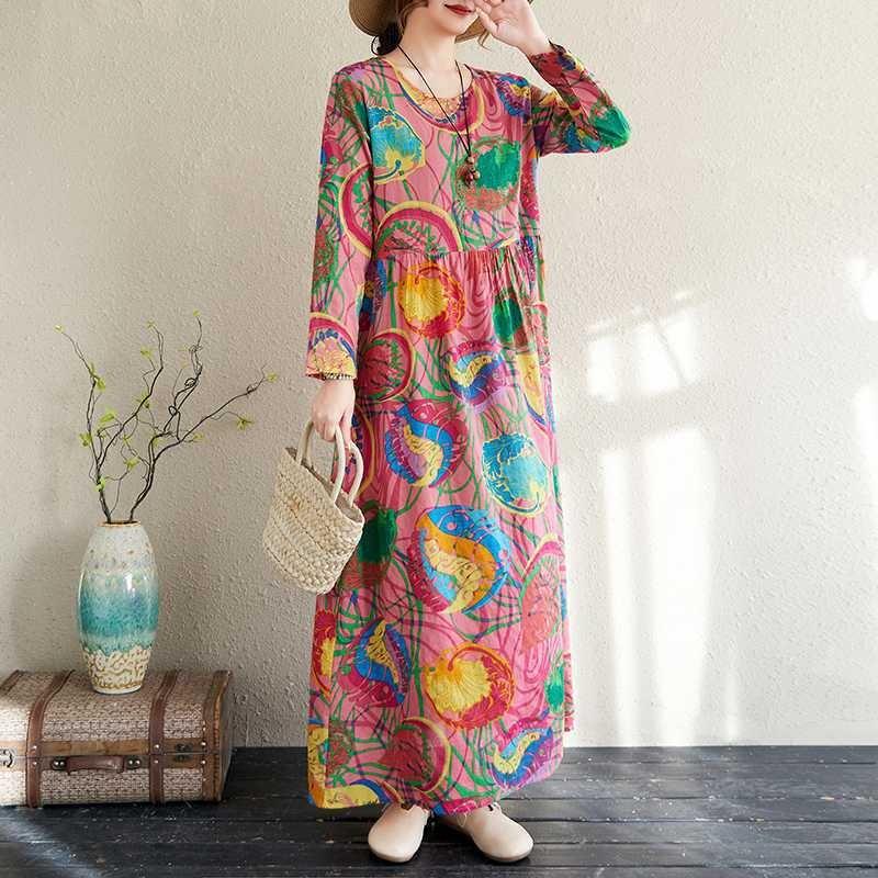 Large Size Summer Vintage Floral Loose Dress Flowing A-line Dress Women