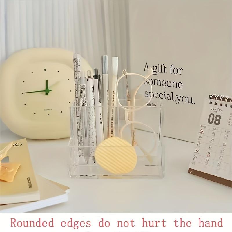 Transparent 3-Compartment Pens Holder Acrylic Desk Organizer Pens Pencils Markers Desktop Storage Box for Office School Supplies