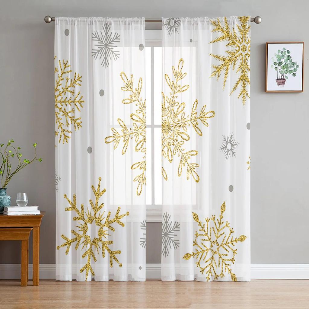 Christmas Golden Snowflake Texture Sheer Curtains For Living Room Bedroom Tulle Curtain For Kitchen Voile Curtain Blind Panels