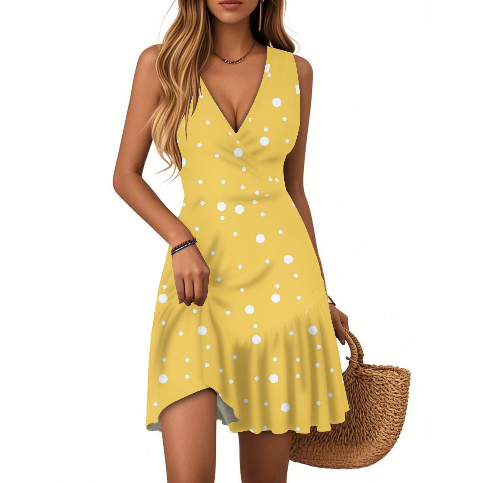 

Women s Dress V-neck Sleeveless Casual Floral Print Hem Pleated Dress XXL жовтий