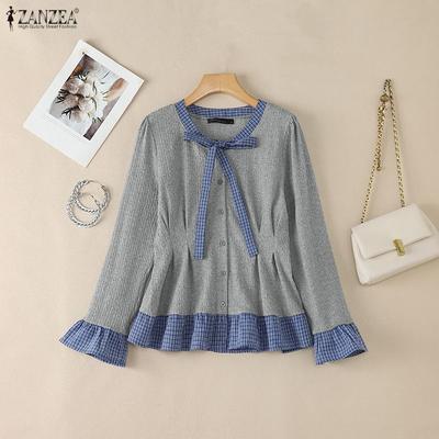Womens Round Neck Casual Plaid Patchwork Long Sleeve Blouse