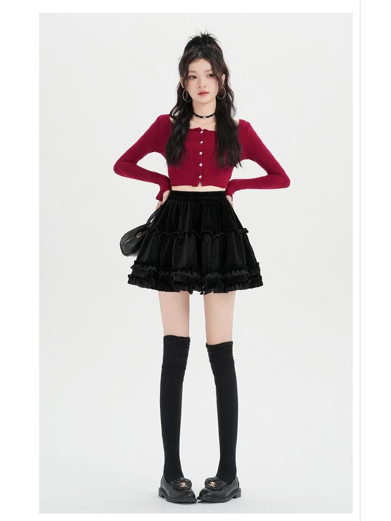 High-Waist Velvet A-Line Fluffy Skirt for Women - Autumn/Winter Collection