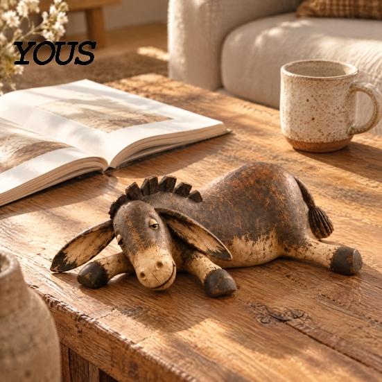 Domácí doplňky ve vintage stylu, Rustikální figurka osla, Opotřebovaná pryskyřičná soška zvířete na stolní desku, polici, krbovou římsu, Dekorace, Retro pastorační ozdoba