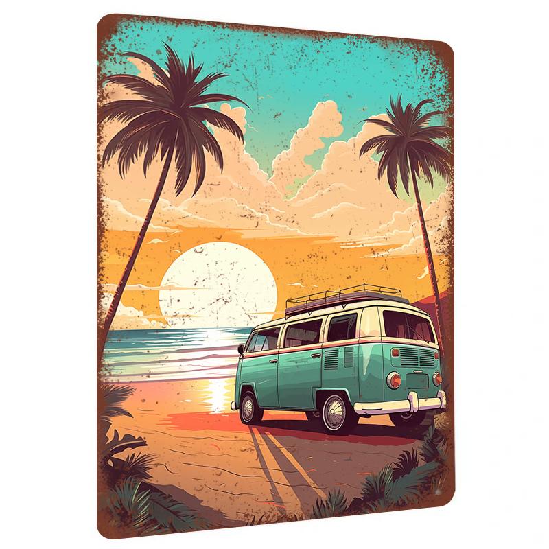 

Vintage Camper Van Beach Sunset Landscape Metal Wall Art Decor for Living Room Bedroom Home Decoration 20x30cm（7.8x11.8inch）