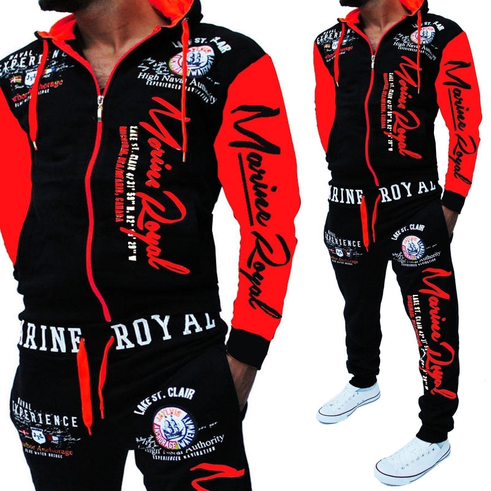 Herren Marine Royal Bedruckter Kapuzen-Trainingsanzug-Set mit Kontrastfarbenen Ärmeln und Hosen XXL rot
