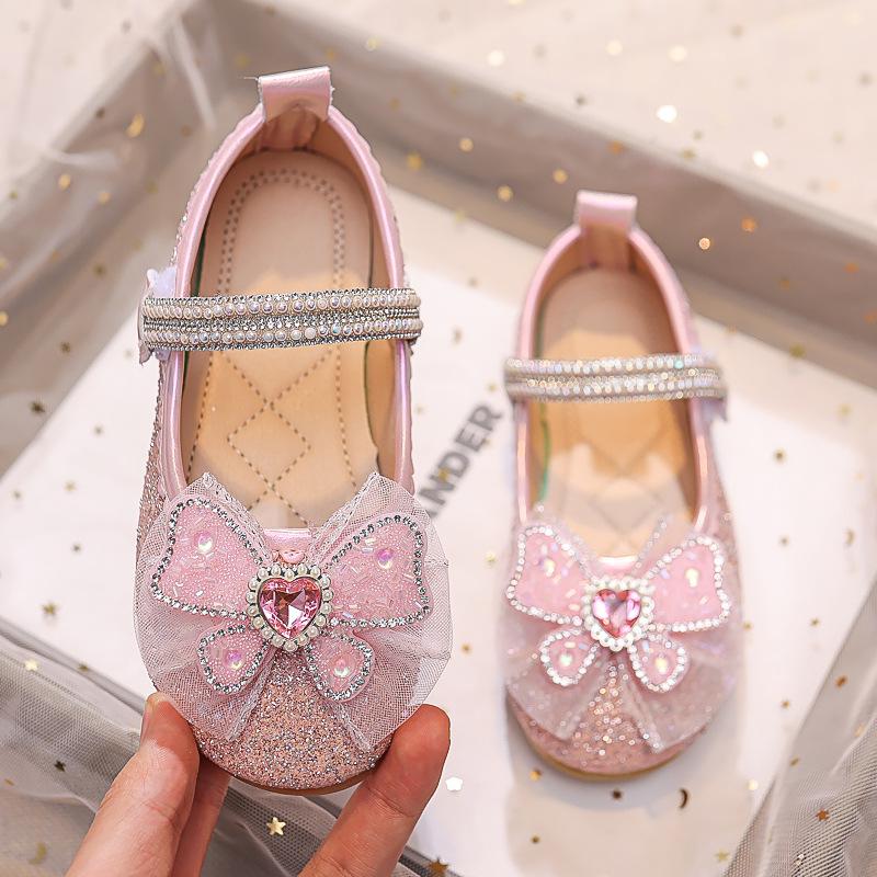 Dívčí princeznovské boty s křišťálovou mašlí - Léto 2025 Měkká podrážka Balerínky s kamínky