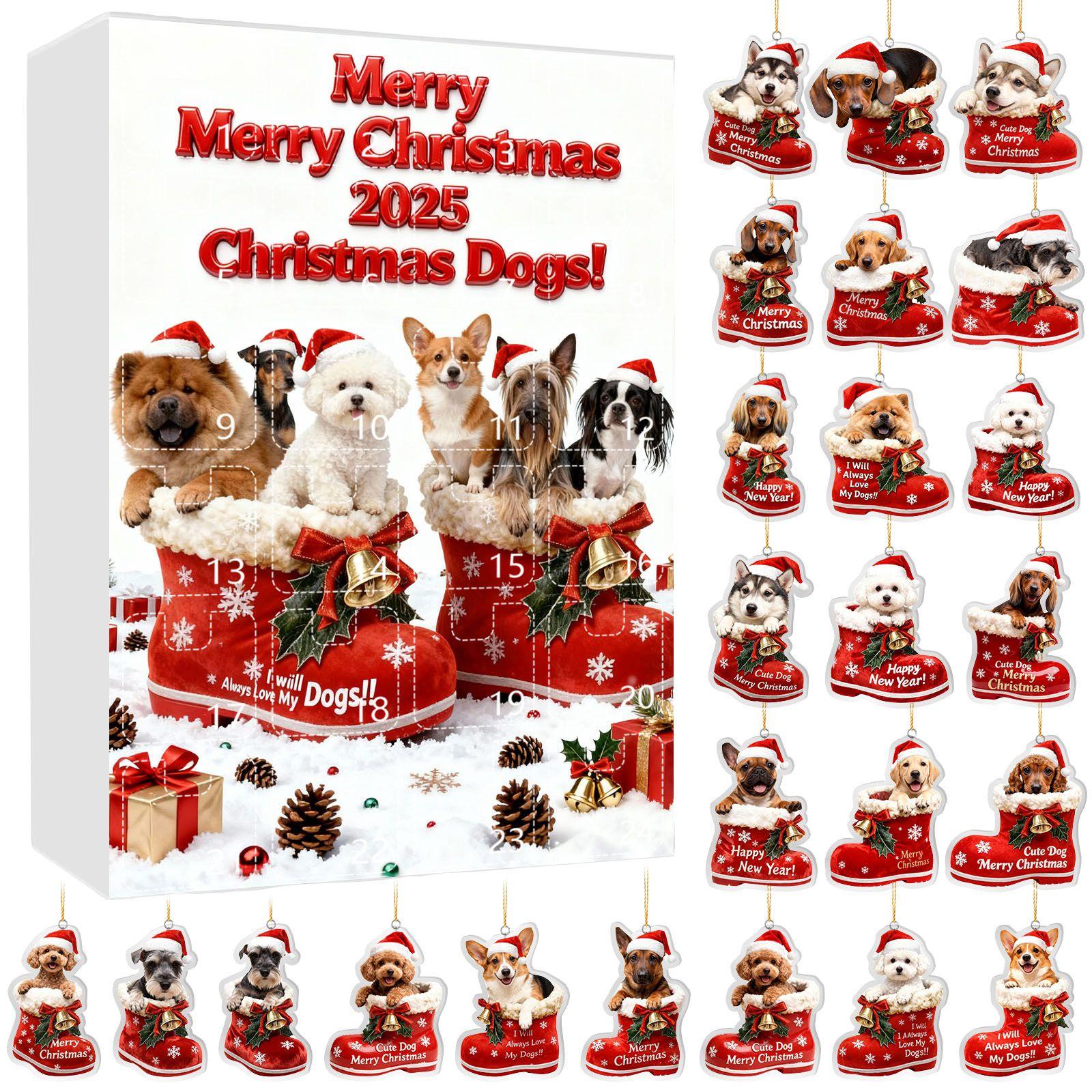 

Рождественский адвент-календарь для собак 24 рождественских украшения на собачью тематику Праздничный календарь обратного отсчета Собаки в красных ботинках Идеально для любителей домашних животных, владельцев домашних животных One Size