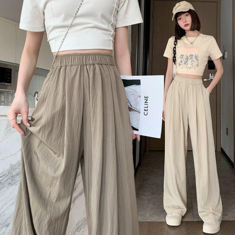 Ice silk cotton and linen leggings women's summer thin + wrinkled casual pants straight high waist drape breathable wide-leg pants