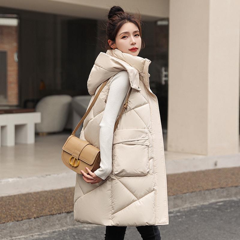 

Зимний новый средний и длинный жилет с большим карманом, утолщенный жилет с капюшоном, хлопковый жилет, женский тренд M белый