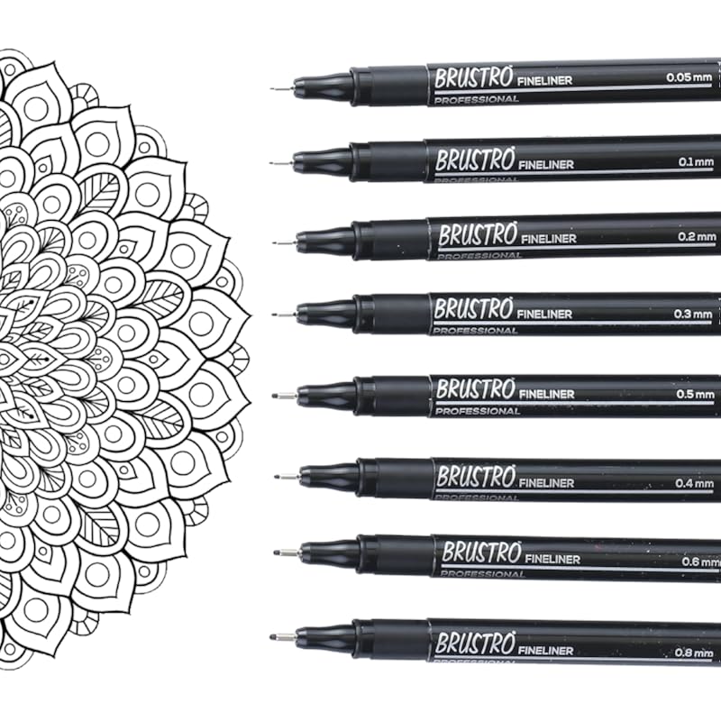 BRUSTRO Professional Pigment Based Fineliner Pen |Black| Set of 8 - Tip Size 0.05mm, 0.1mm, 0.2mm, 0.3mm, 0.4mm, 0.5mm,