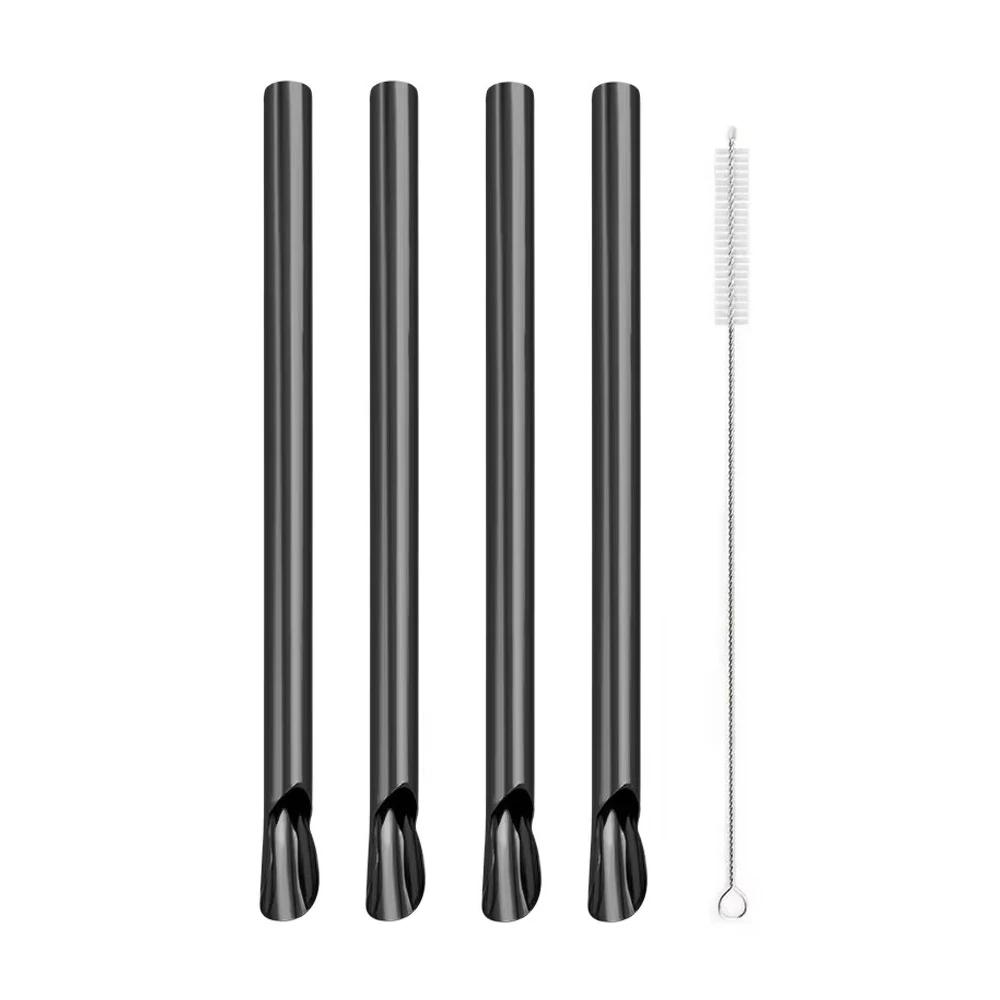 4Pcs Reusable Straw Spoon Stainless Steel Stirring Spoon Durability Drinking Straw with Brush Set Bar Creative Colorful Straw