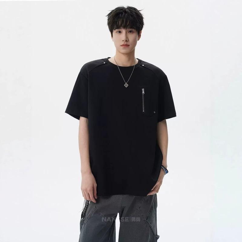 

Men Crew Neck Short Sleeve T Shirt With Zip Pocket Loose Fit Casual Daily Tops M чорний