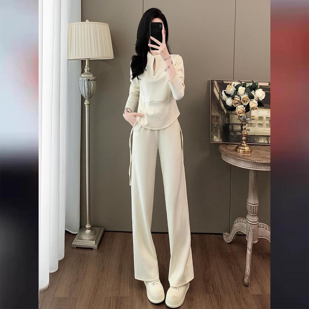 Women's Autumn Casual Sports Set: Slimming Black Long Sleeve Top & Wide Leg Pants