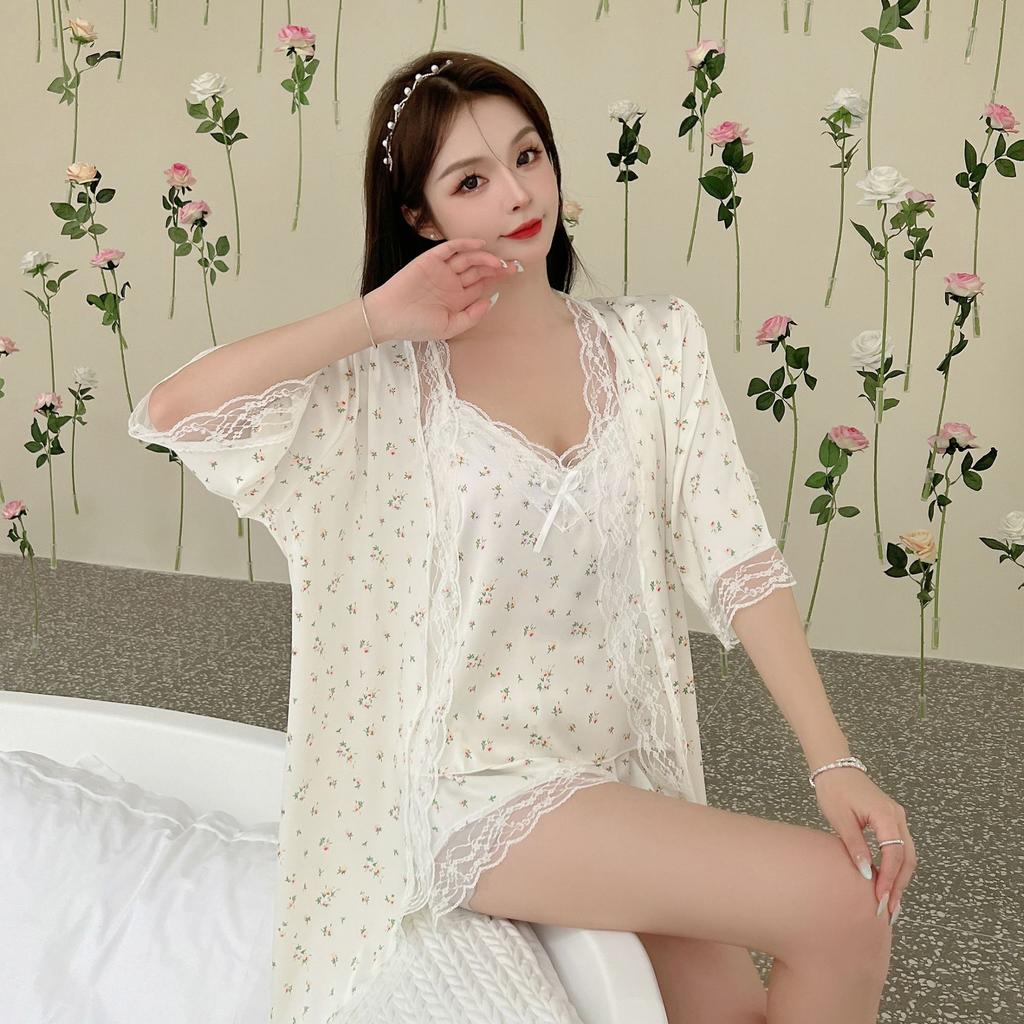 Floral pajamas women's summer thin ice silk sexy suspender shorts Internet celebrity loungewear suit available