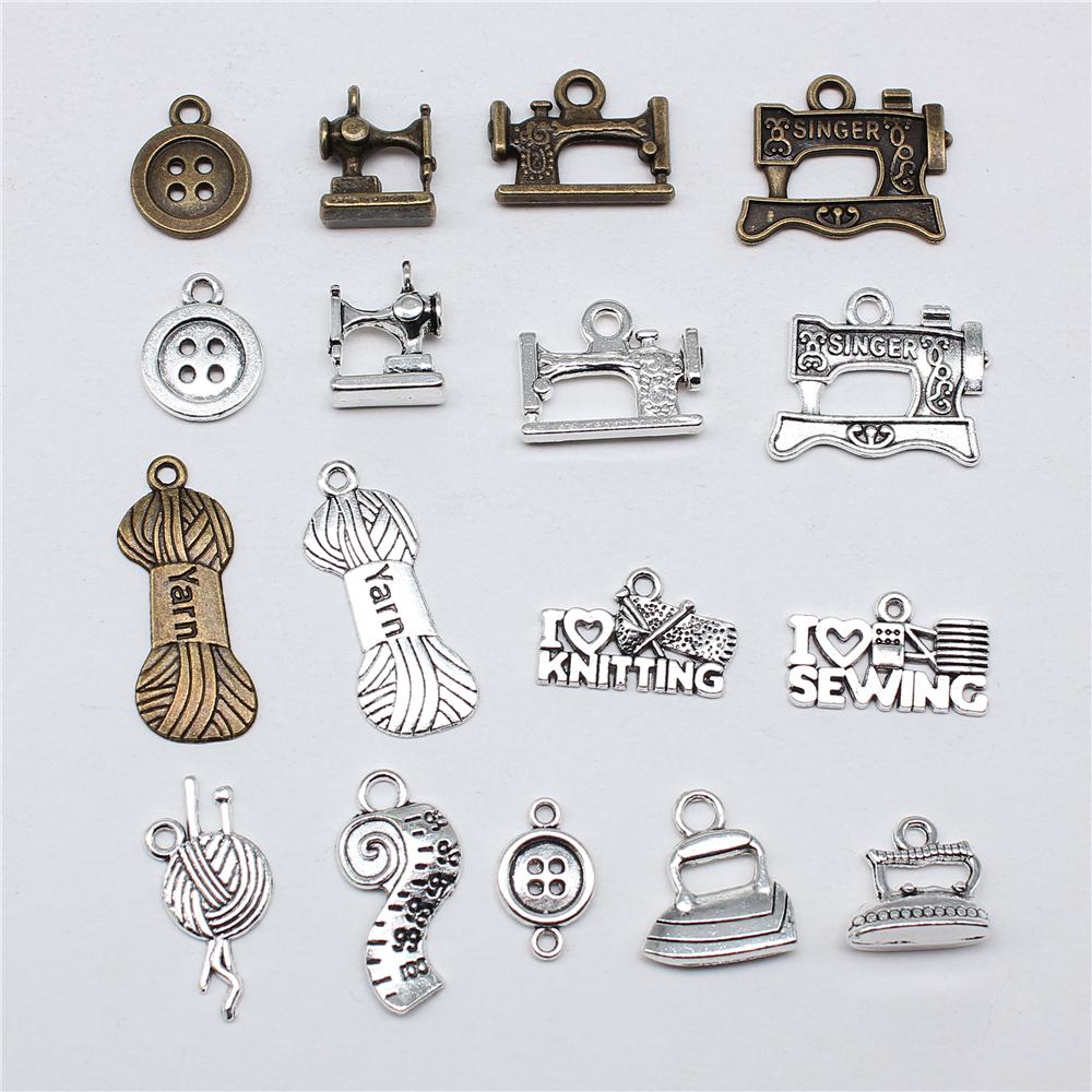 10pcs Antique Bronze Silver Color Sewing Machine Yarn Knitting Sewing Iron Button Charms For Jewelry Making