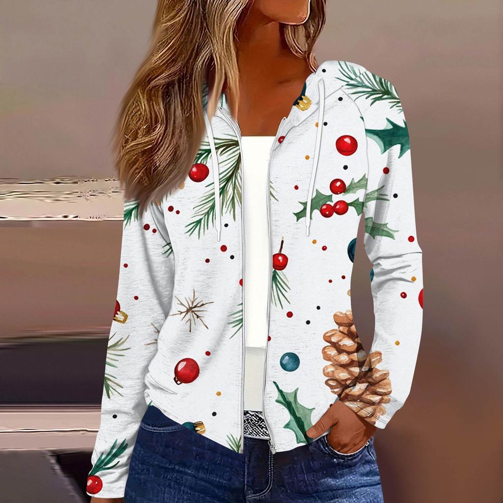 Women's Fashion Christmas Print Casual Zip-Up Long-Sleeved Hooded Jacket