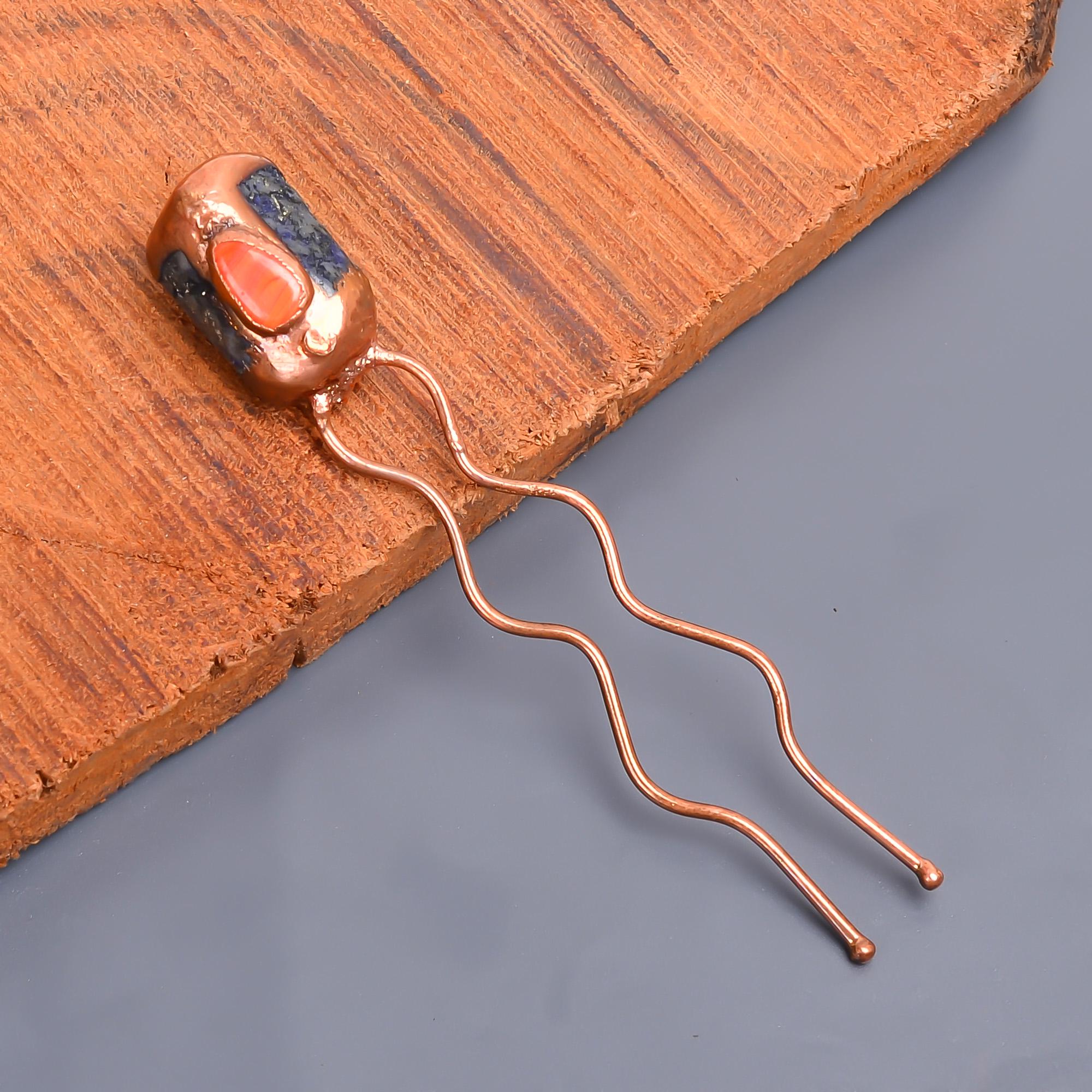 

Этническая заколка для пучка ручной работы с сапфиром и кораллом 3,6 дюйма, электроформованная шпилька для волос / шпилька для волос из меди с гальваническим покрытием золотом, подарок для матери, жены