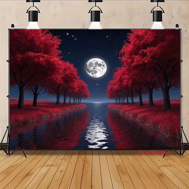 2D Full Moon Red Tree Backdrop 2D Night River Water Reflection Photo Background for Themed Shoot