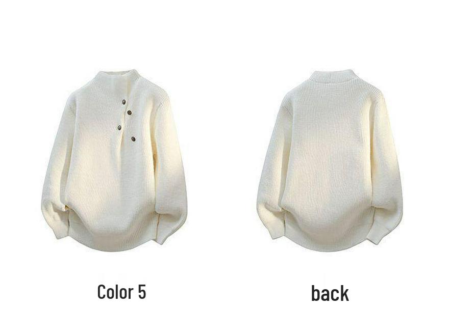 2025 Button-Design High Neck Gray Knit Sweater: Retro Loose Fit for Autumn/Winter