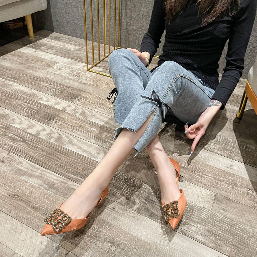 185-A1 French spring new hollow single shoes Internet celebrity professional pointed thin heel versatile rhinestone square buckle 5cm women