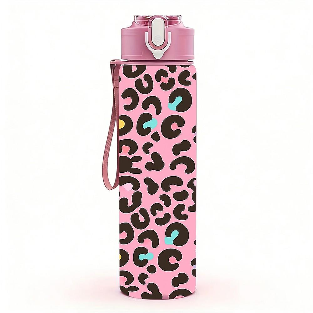 1PC Leopard Animal Skin Texture Print 750ml Color Plastic Sports Water Bottle Leakproof Flip Straw Lid Suitable for Sports Office Home Use