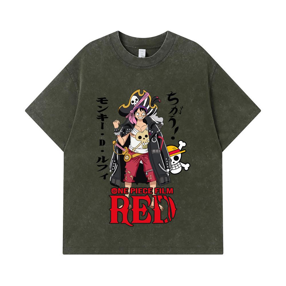 

Стиранные футболки 275 г/м² 100% Хлопок One Piece V79 Принт Луффи Film Red Унисекс Тяжелая хлопковая футболка S армия зеленый
