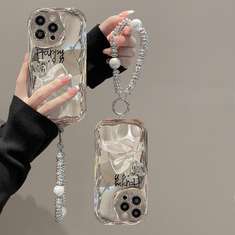 Applicable To Apple 15 Mobile Phone Case High-end Iphone14 Ribbon Bow Bracelet 13 Silver Plated 12 Silicone Soft